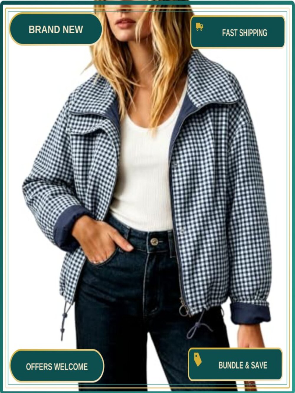 Womens Plaid Trench Coat Lightweight Button Zip Casual Jacket